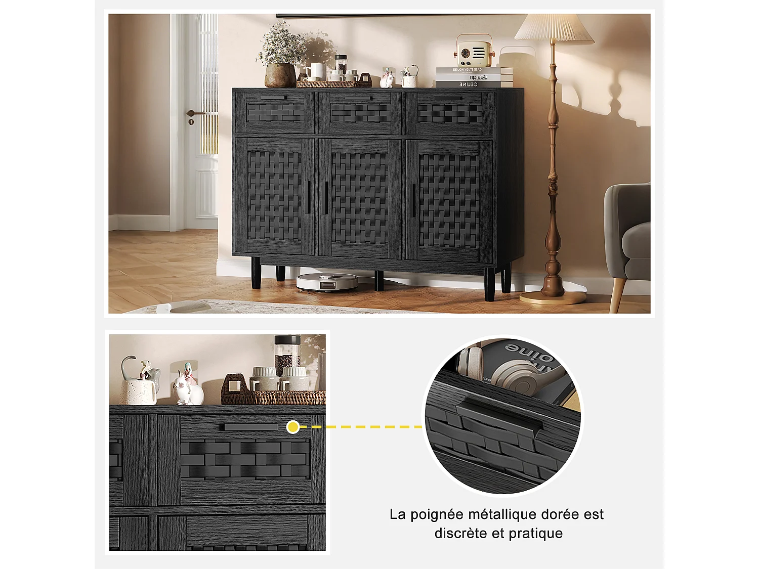 Buffet à 3 tiroirs et 3 Porte, Cadre en Bois, Commode en Rotin Buffet, 115x40x80 cm, Noir