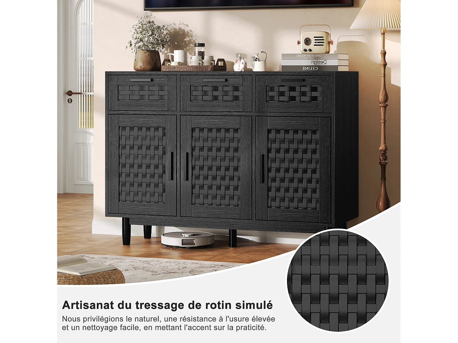 Buffet à 3 tiroirs et 3 Porte, Cadre en Bois, Commode en Rotin Buffet, 115x40x80 cm, Noir