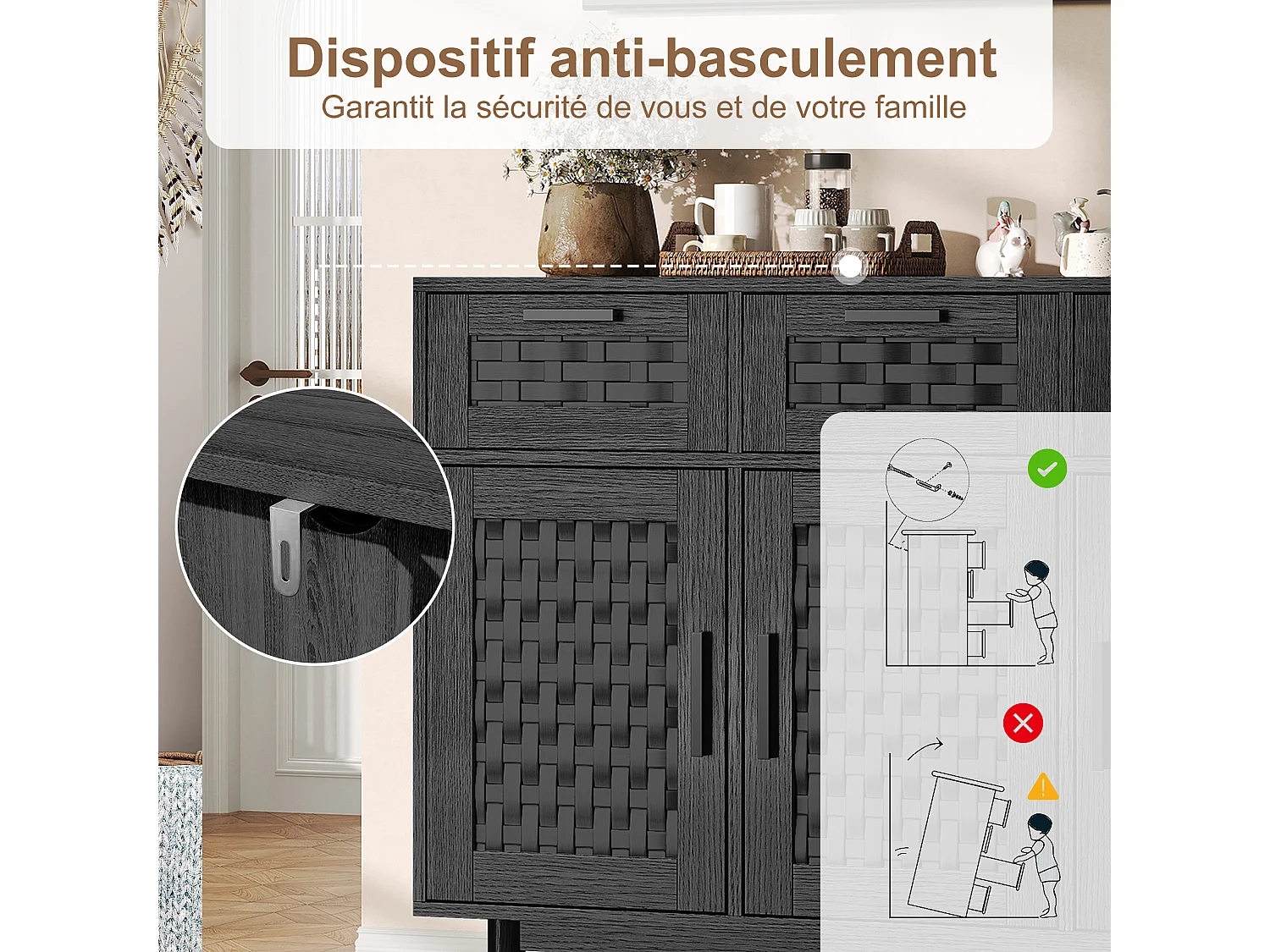 Buffet à 3 tiroirs et 3 Porte, Cadre en Bois, Commode en Rotin Buffet, 115x40x80 cm, Noir