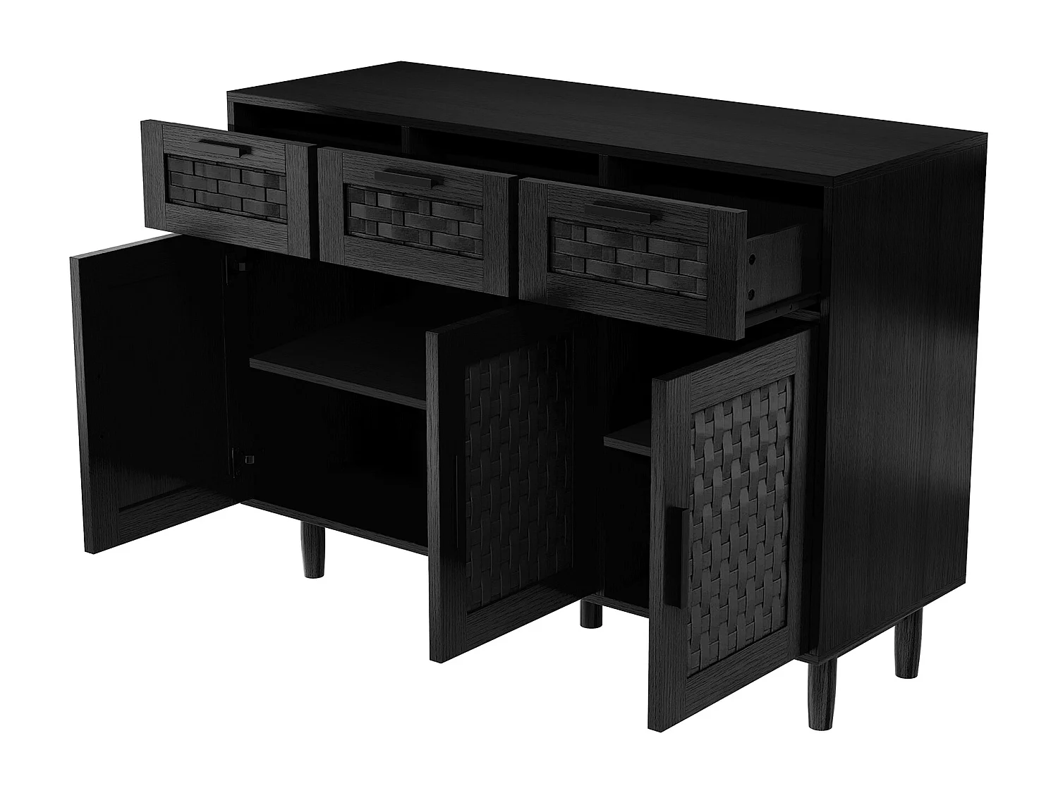 Buffet à 3 tiroirs et 3 Porte, Cadre en Bois, Commode en Rotin Buffet, 115x40x80 cm, Noir