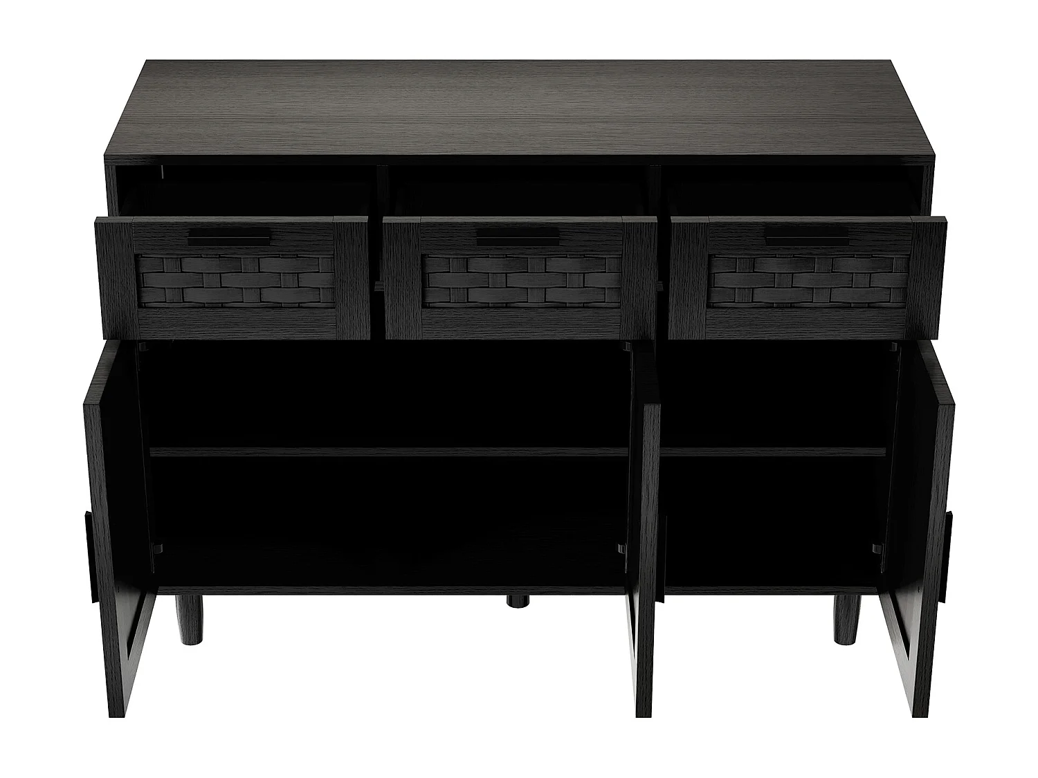 Buffet à 3 tiroirs et 3 Porte, Cadre en Bois, Commode en Rotin Buffet, 115x40x80 cm, Noir