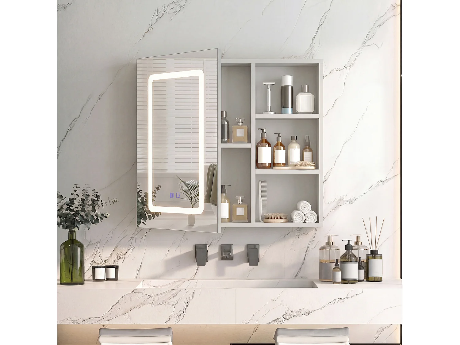 Armoire de Salle de Bain avec LED, Miroir Salle de Bain avec Rangement,etagères intérieures réglables, Blanc