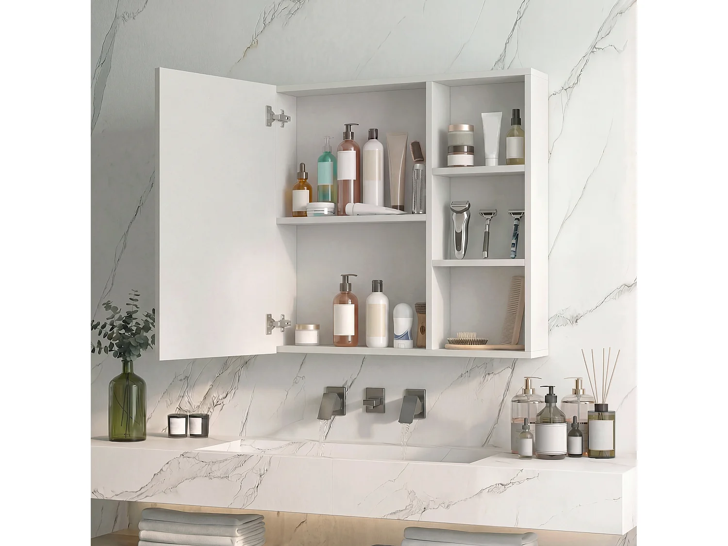 Armoire de Salle de Bain avec LED, Miroir Salle de Bain avec Rangement,etagères intérieures réglables, Blanc