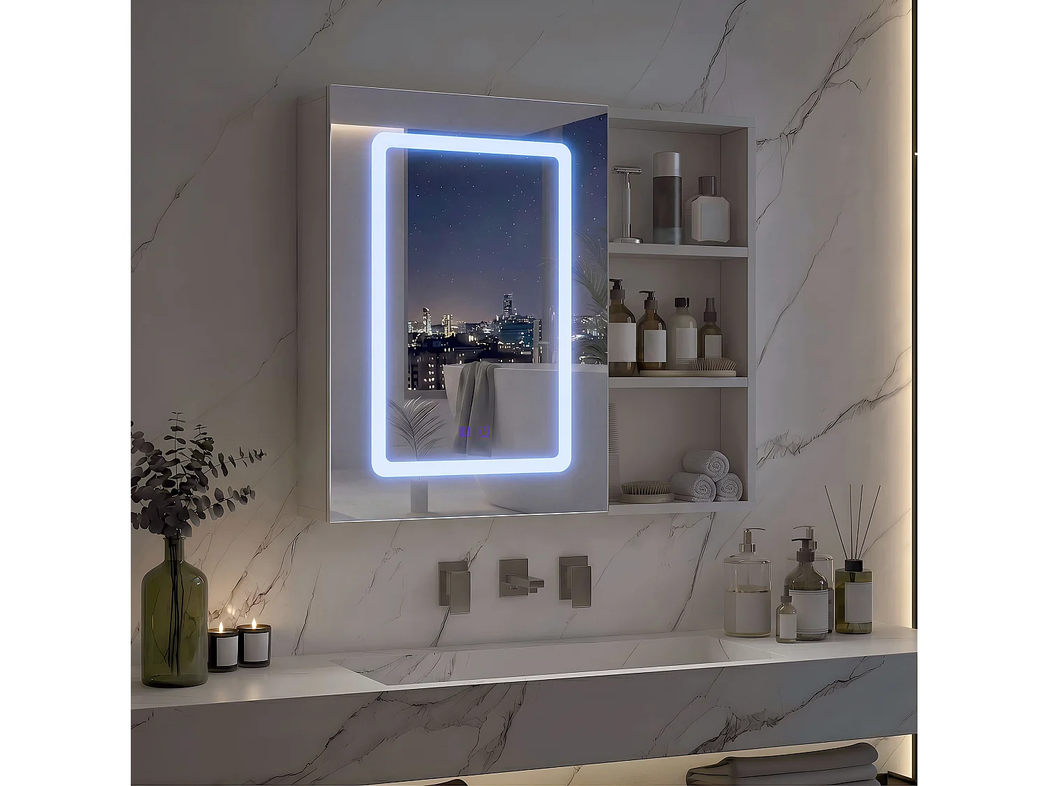 Armoire de Salle de Bain avec LED, Miroir Salle de Bain avec Rangement,etagères intérieures réglables, Blanc