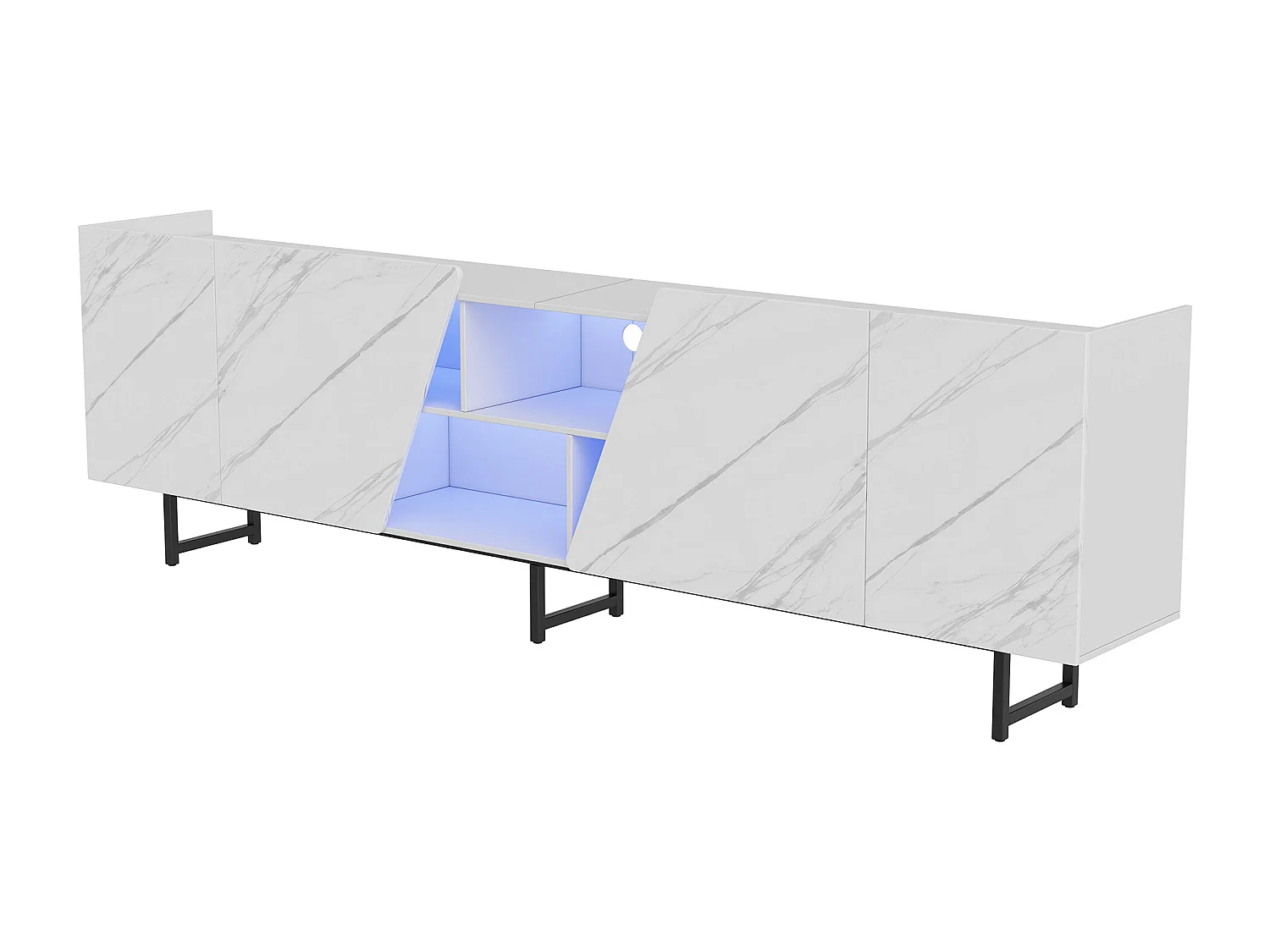 220 cm breed tv-meubel met ledverlichting, tv-kast met 4 deuren en open vakken, wit met marmerpatroon.