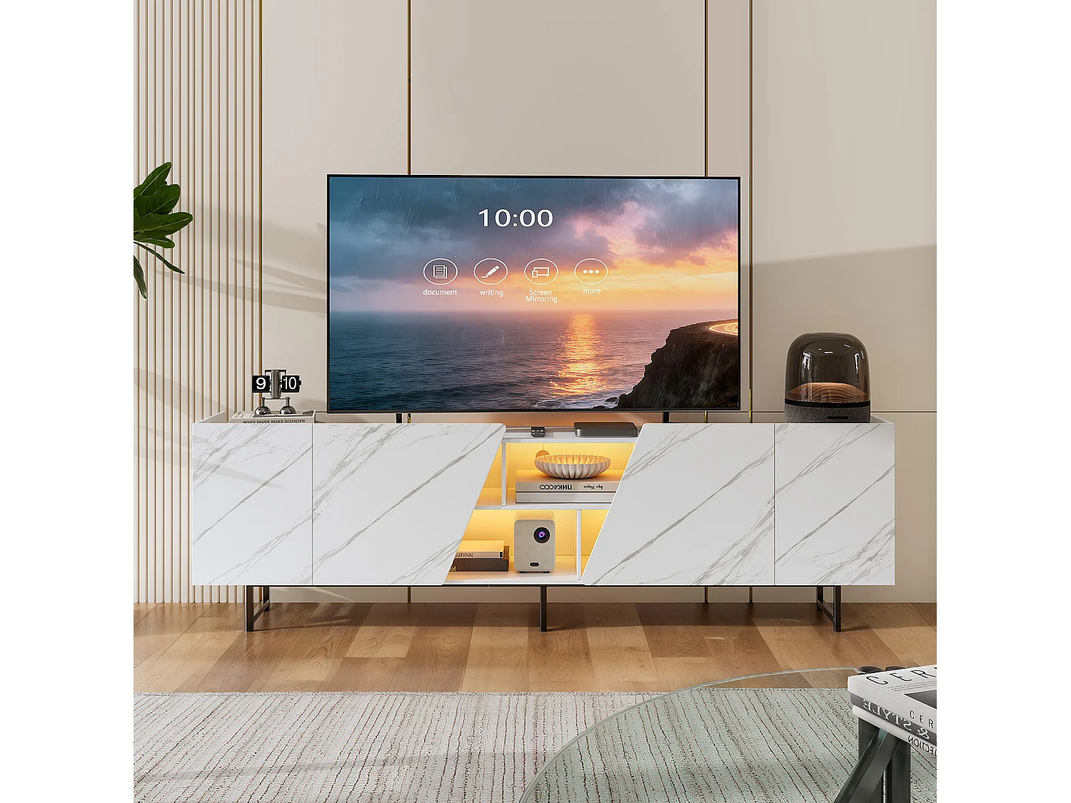 220 cm breed tv-meubel met ledverlichting, tv-kast met 4 deuren en open vakken, wit met marmerpatroon.