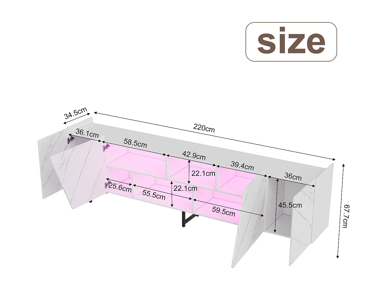 220 cm breed tv-meubel met ledverlichting, tv-kast met 4 deuren en open vakken, wit met marmerpatroon.