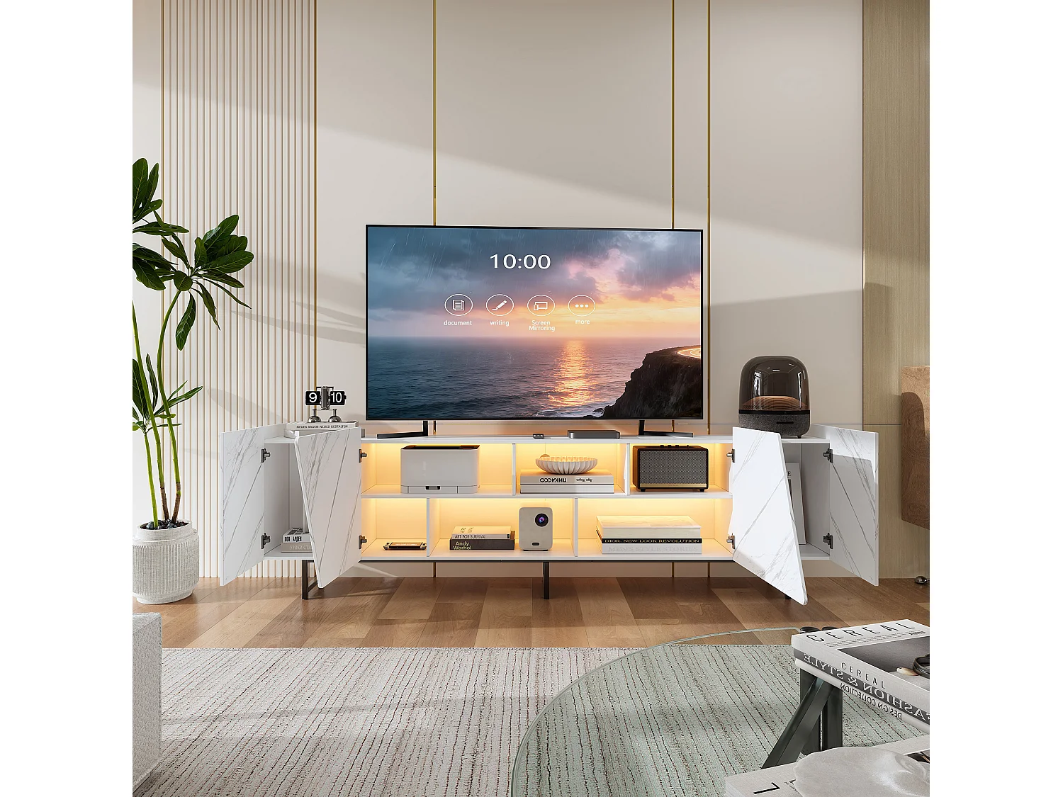 220 cm breed tv-meubel met ledverlichting, tv-kast met 4 deuren en open vakken, wit met marmerpatroon.