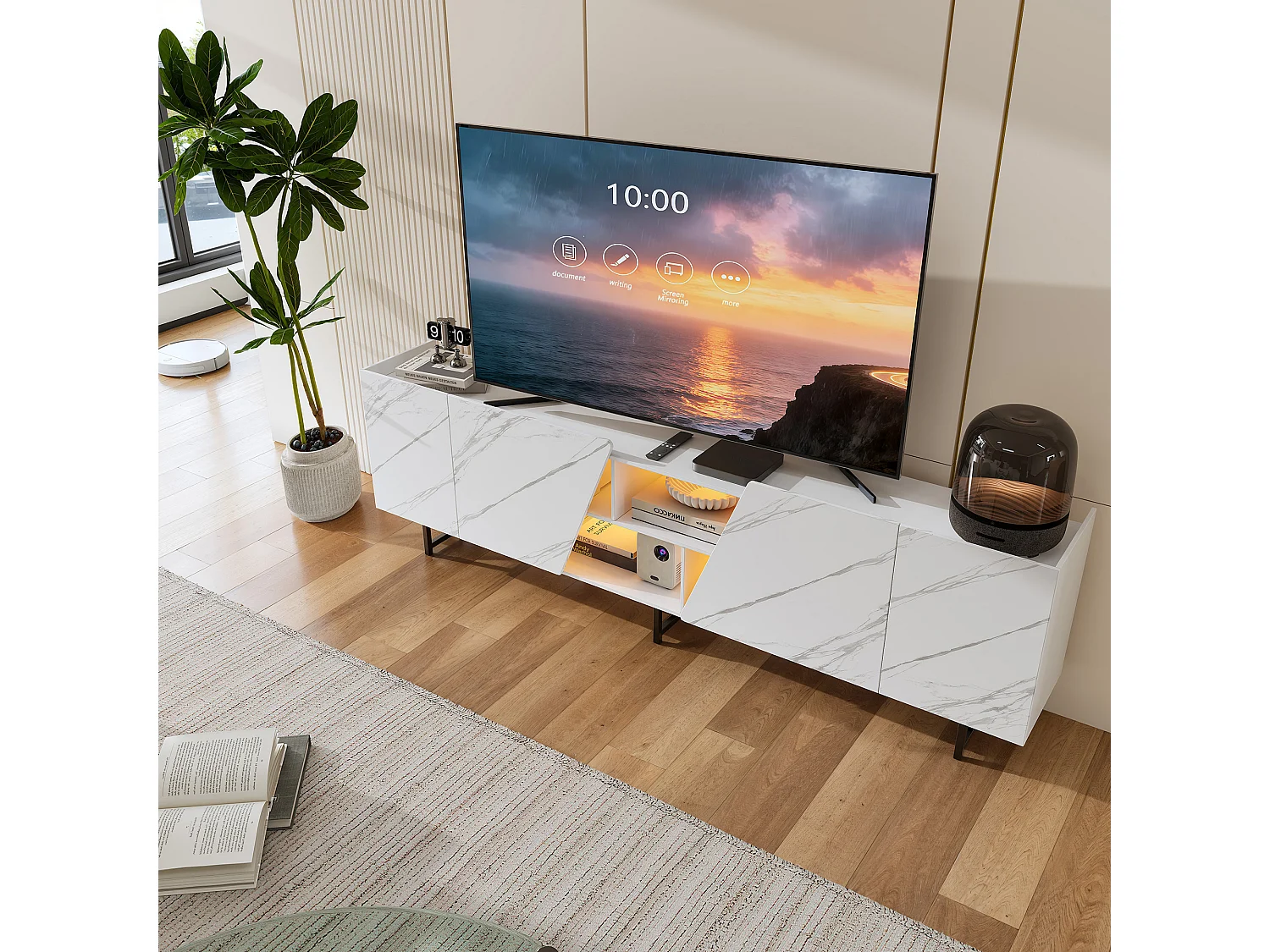 220 cm breed tv-meubel met ledverlichting, tv-kast met 4 deuren en open vakken, wit met marmerpatroon.