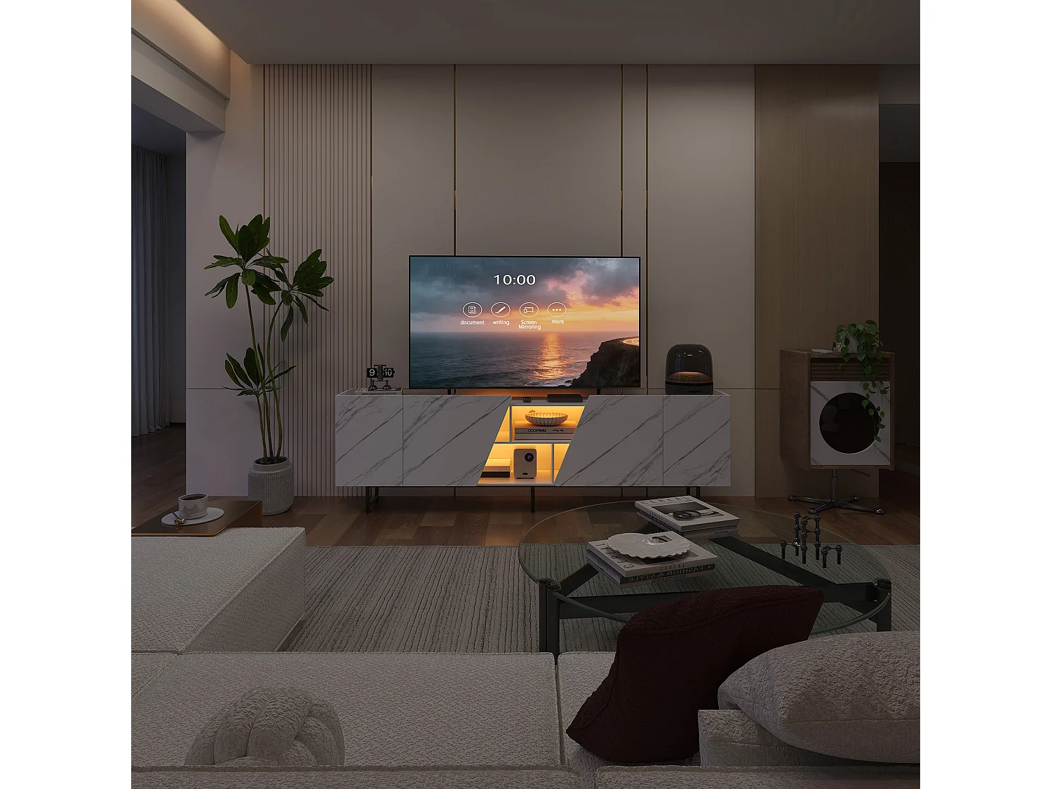 220 cm breed tv-meubel met ledverlichting, tv-kast met 4 deuren en open vakken, wit met marmerpatroon.