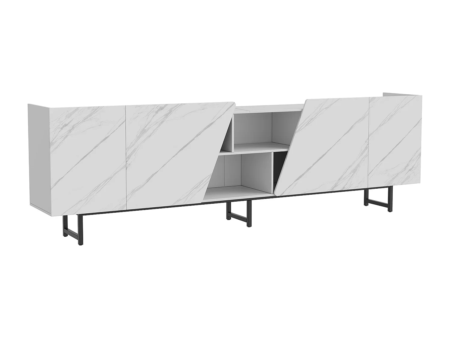 220 cm breed tv-meubel met ledverlichting, tv-kast met 4 deuren en open vakken, wit met marmerpatroon.