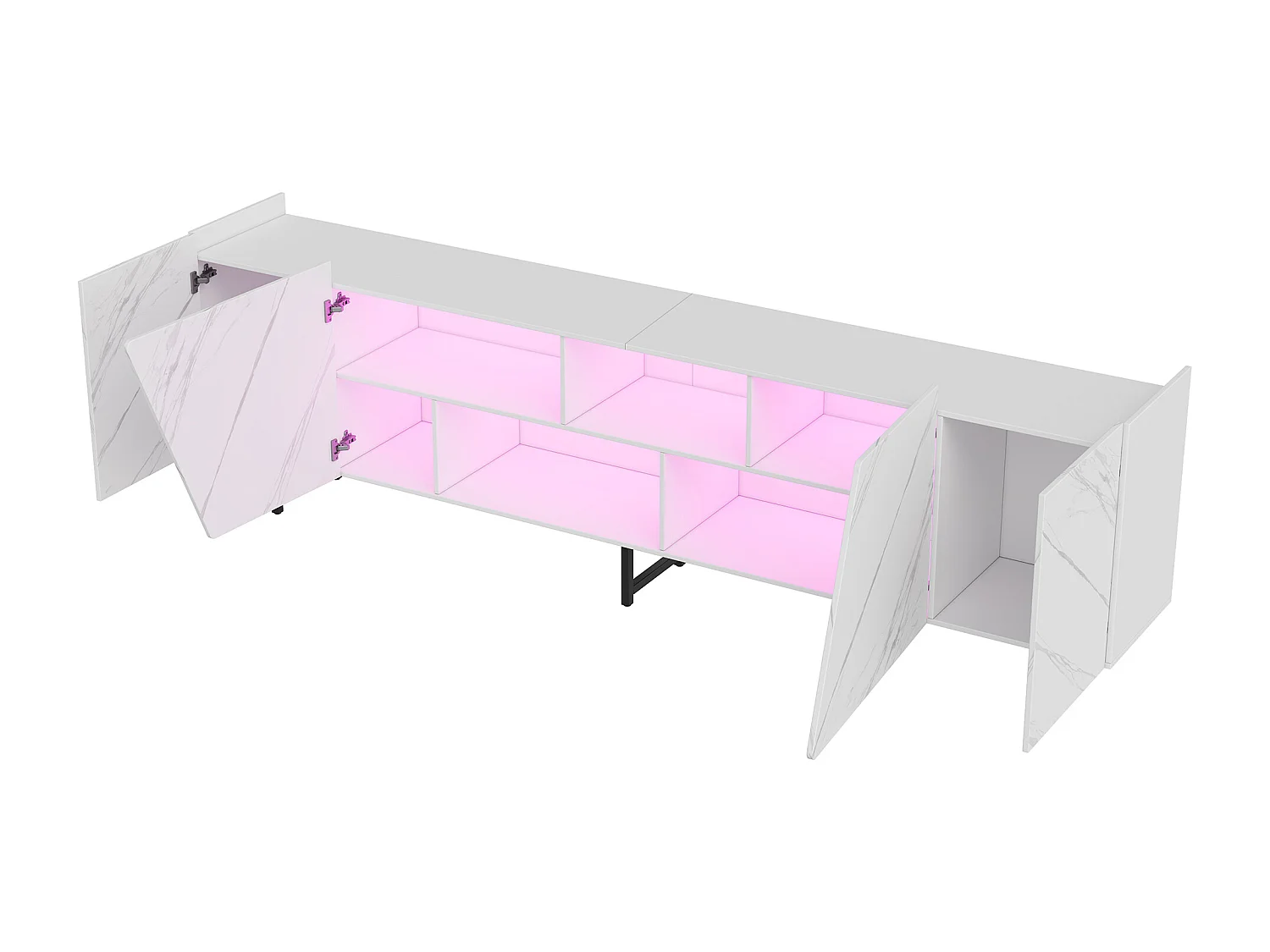 220 cm breed tv-meubel met ledverlichting, tv-kast met 4 deuren en open vakken, wit met marmerpatroon.