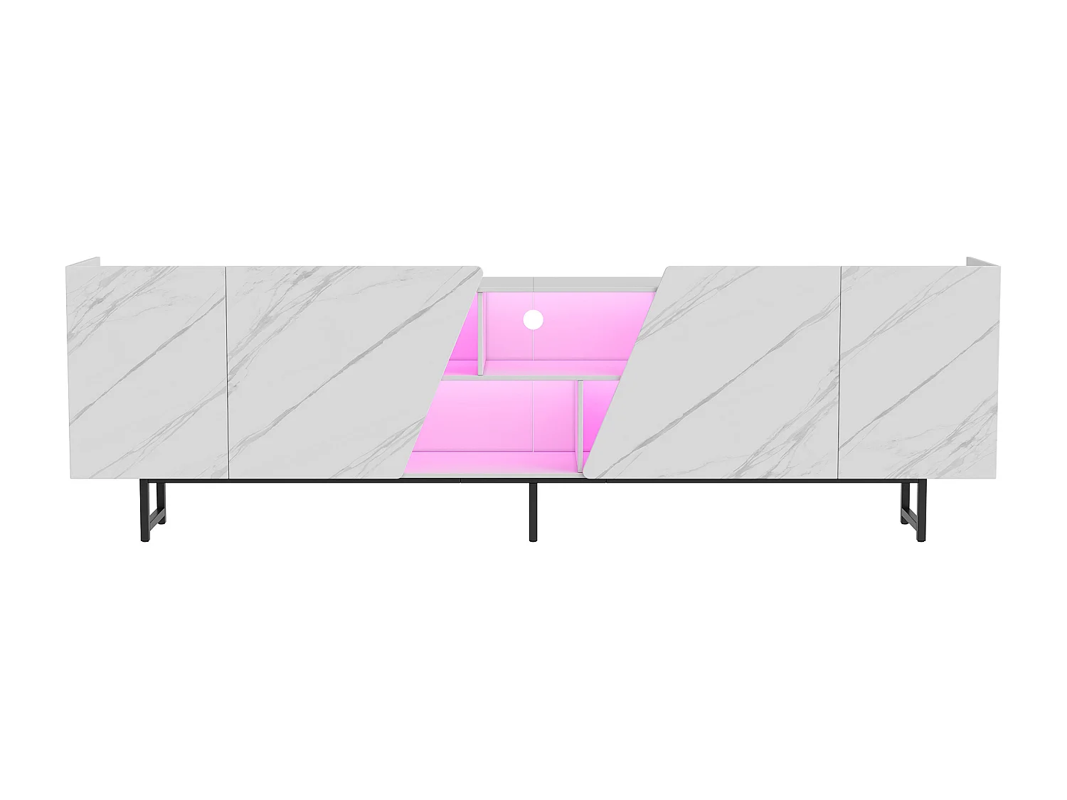 220 cm breed tv-meubel met ledverlichting, tv-kast met 4 deuren en open vakken, wit met marmerpatroon.