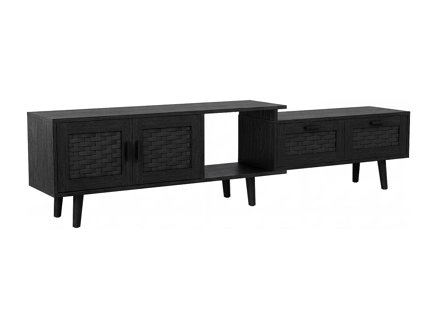 Meuble TV Extensible 146-180 x 29,8 x 44 cm, Meubles TV Rotin avec 2 Tiroirs, 3 Portes et 1 Niche Ouverte, Noir
