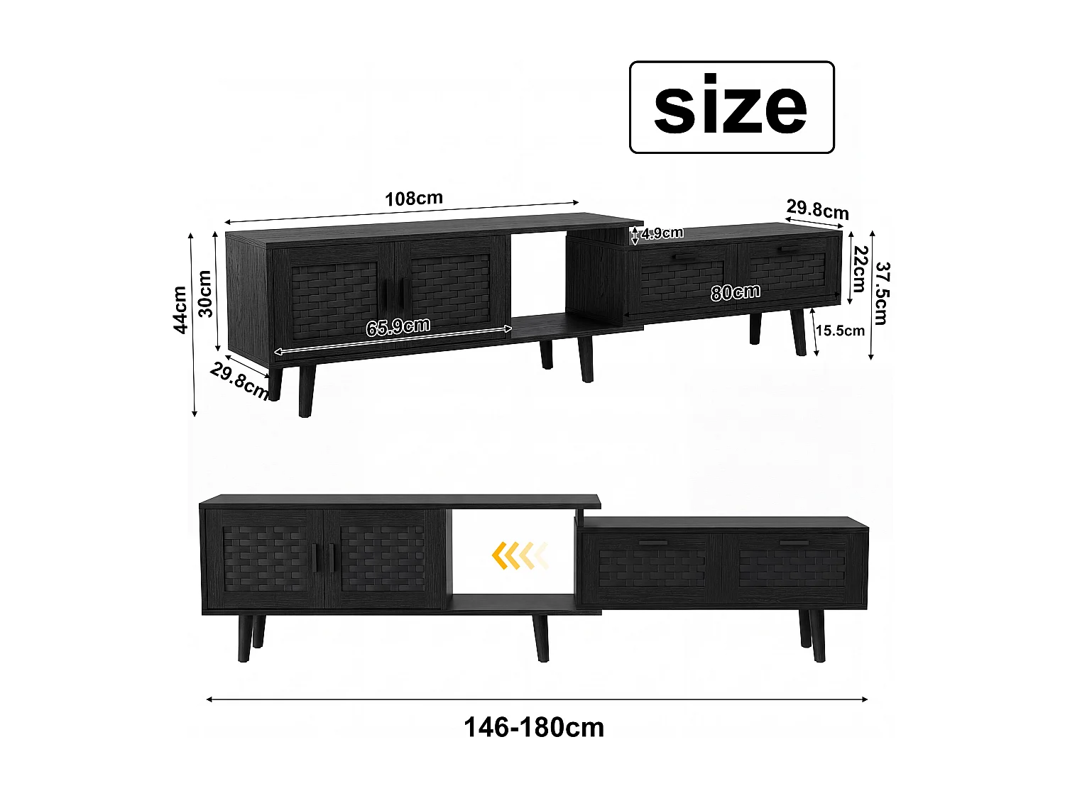 Meuble TV Extensible 146-180 x 29,8 x 44 cm, Meubles TV Rotin avec 2 Tiroirs, 3 Portes et 1 Niche Ouverte, Noir
