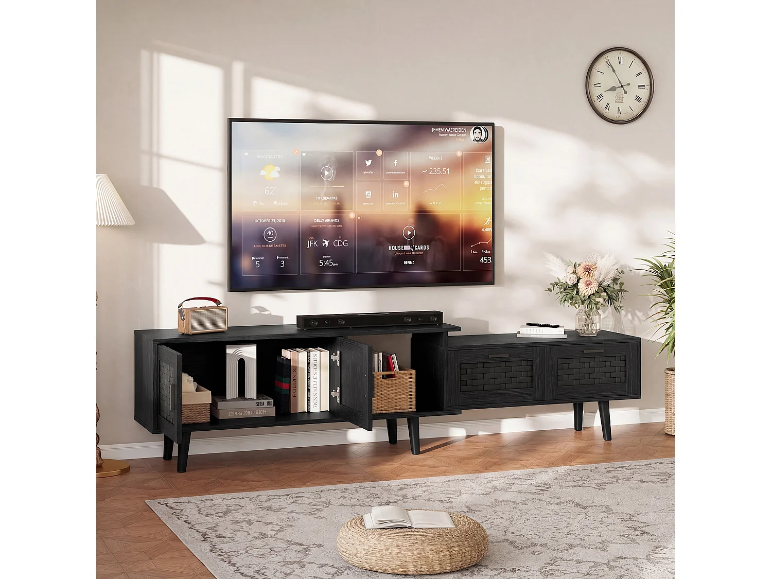 Meuble TV Extensible 146-180 x 29,8 x 44 cm, Meubles TV Rotin avec 2 Tiroirs, 3 Portes et 1 Niche Ouverte, Noir