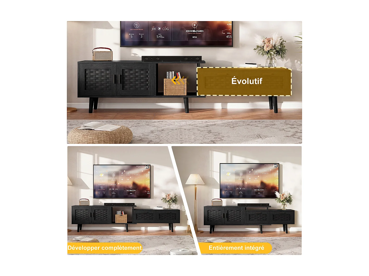 Meuble TV Extensible 146-180 x 29,8 x 44 cm, Meubles TV Rotin avec 2 Tiroirs, 3 Portes et 1 Niche Ouverte, Noir