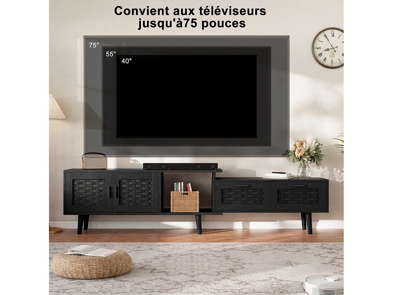 Meuble TV Extensible 146-180 x 29,8 x 44 cm, Meubles TV Rotin avec 2 Tiroirs, 3 Portes et 1 Niche Ouverte, Noir
