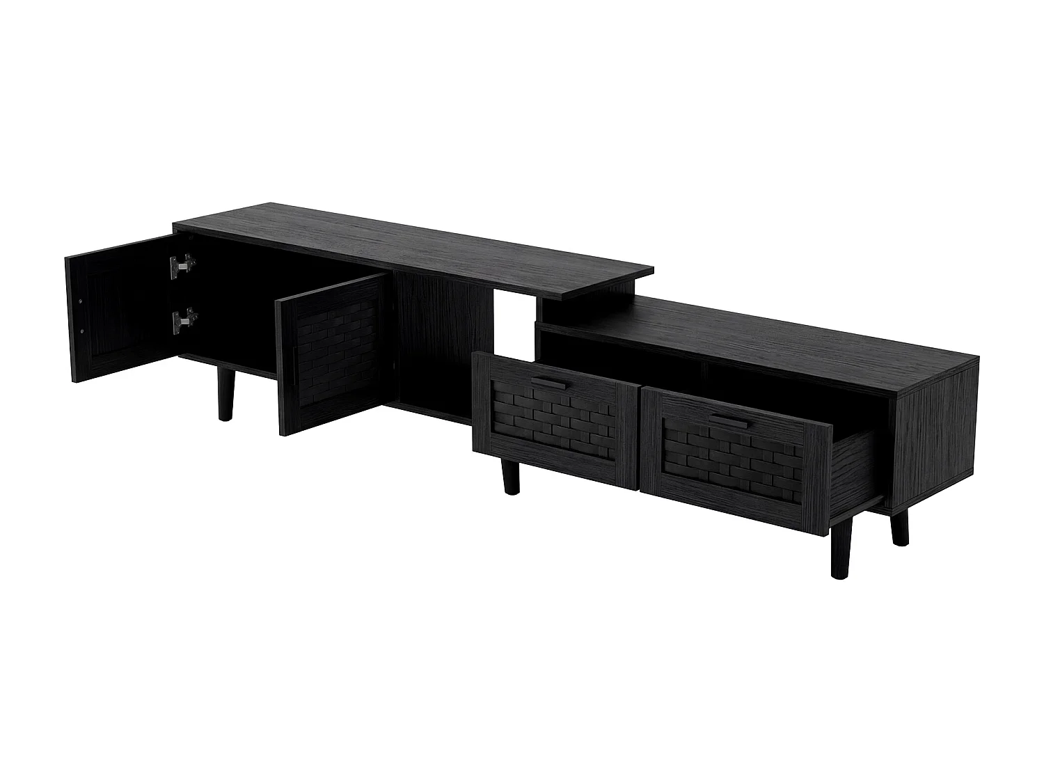 Meuble TV Extensible 146-180 x 29,8 x 44 cm, Meubles TV Rotin avec 2 Tiroirs, 3 Portes et 1 Niche Ouverte, Noir