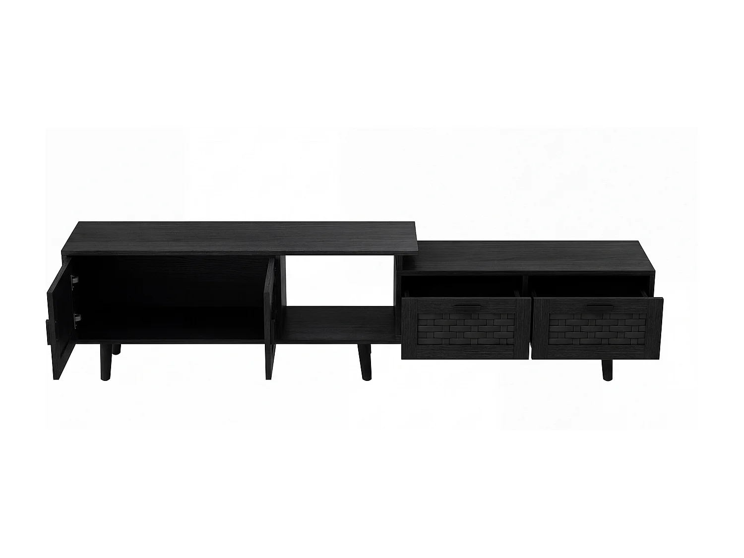 Meuble TV Extensible 146-180 x 29,8 x 44 cm, Meubles TV Rotin avec 2 Tiroirs, 3 Portes et 1 Niche Ouverte, Noir