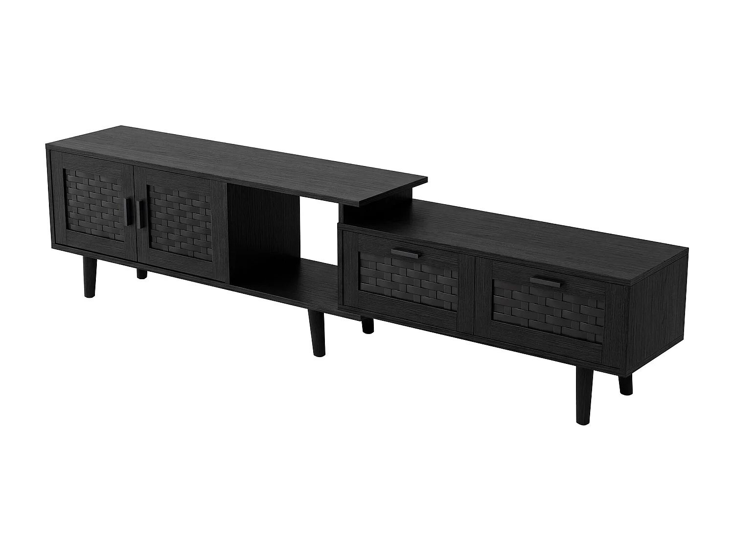 Meuble TV Extensible 146-180 x 29,8 x 44 cm, Meubles TV Rotin avec 2 Tiroirs, 3 Portes et 1 Niche Ouverte, Noir