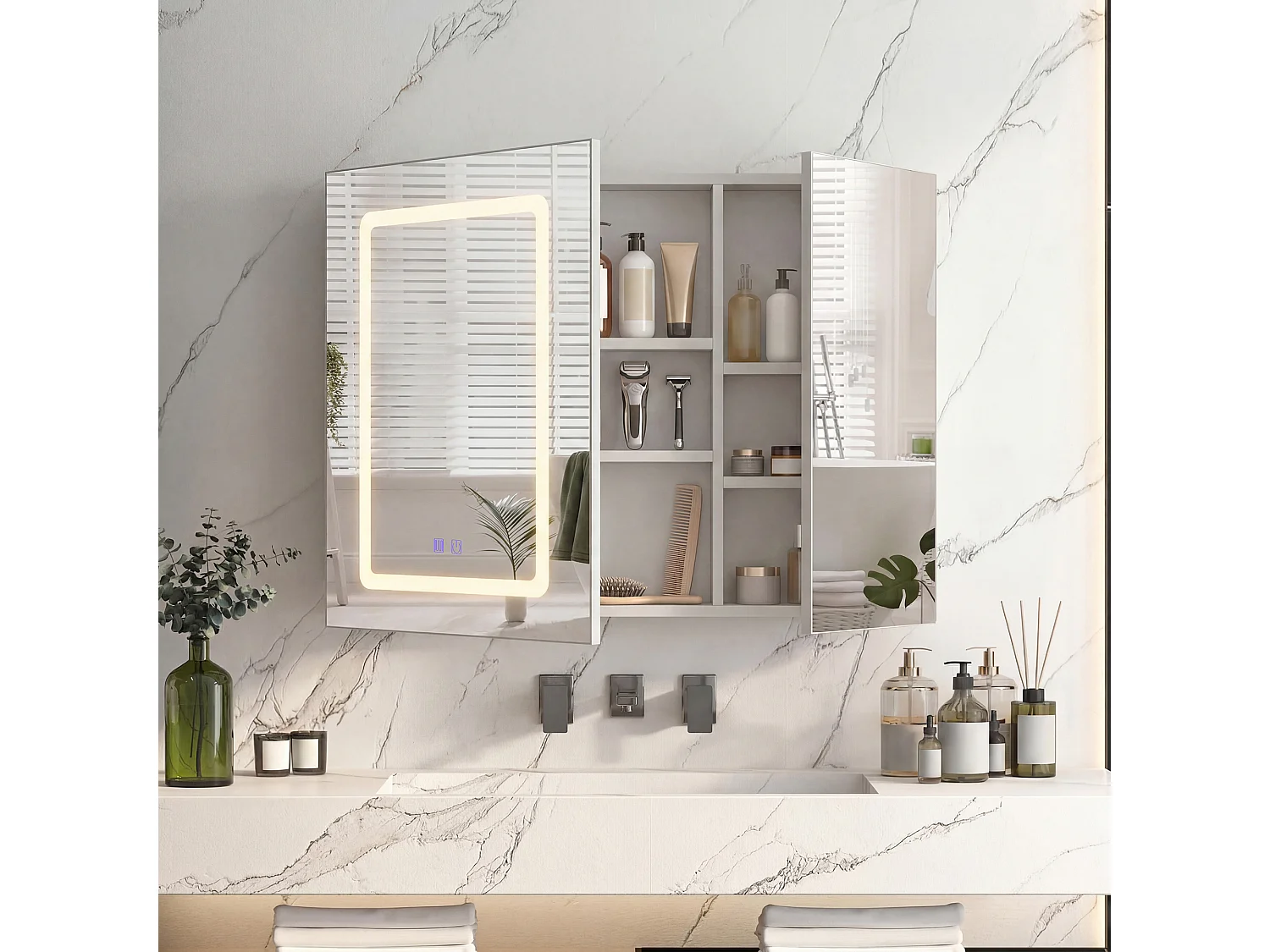 Armoire de Toilette 2 Portes avec Miroir LED Anti-Buée, Meuble Miroir Salle de Bain Mural, Blanc