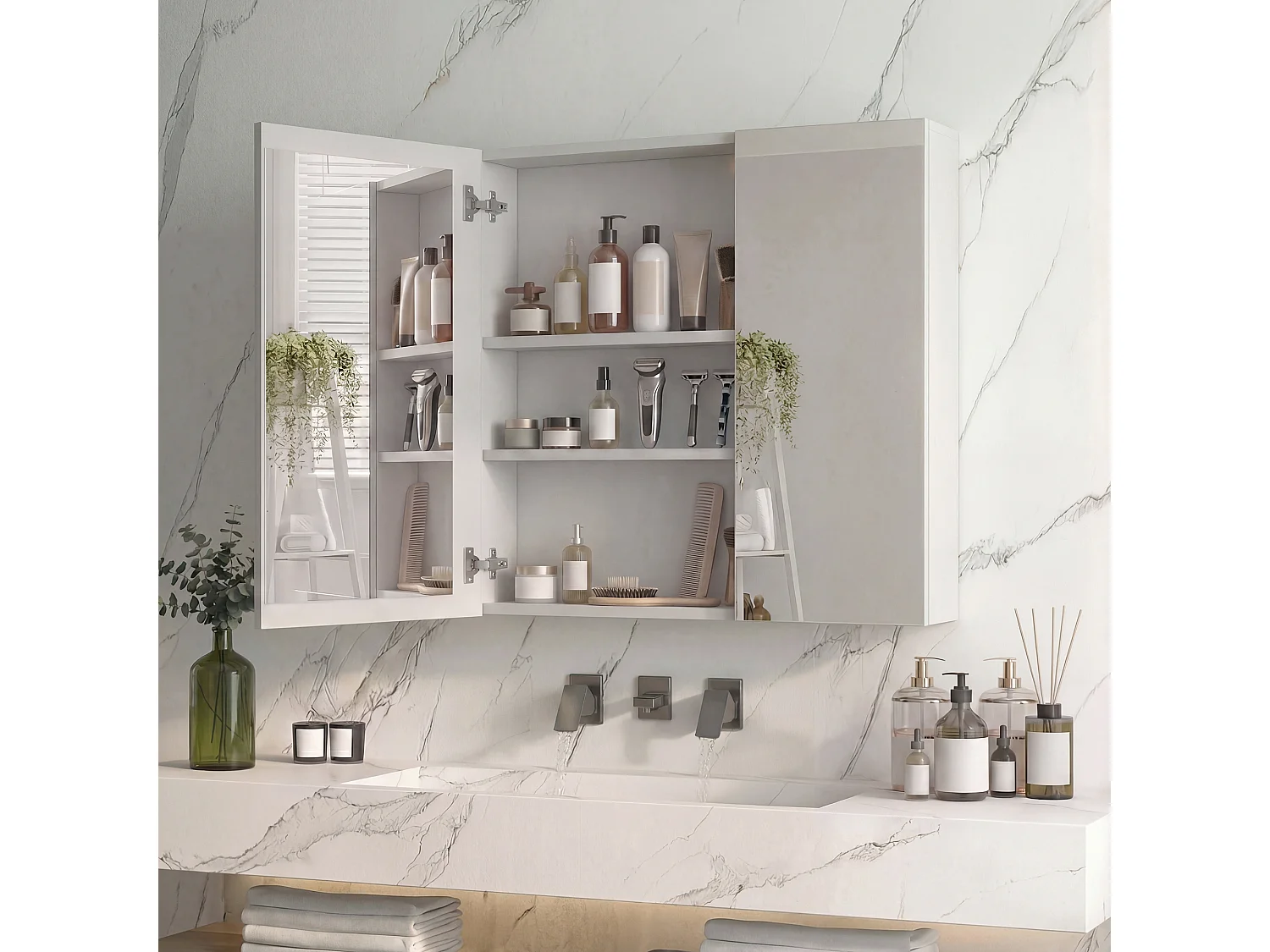 Armoire de Toilette 2 Portes avec Miroir LED Anti-Buée, Meuble Miroir Salle de Bain Mural, Blanc