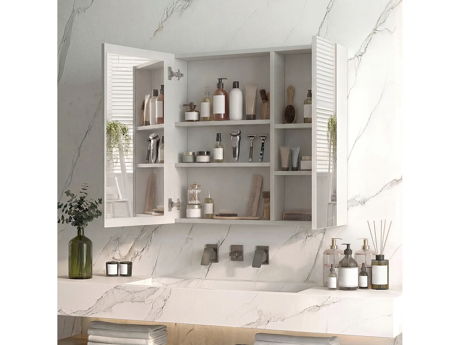 Armoire de Toilette 2 Portes avec Miroir LED Anti-Buée, Meuble Miroir Salle de Bain Mural, Blanc