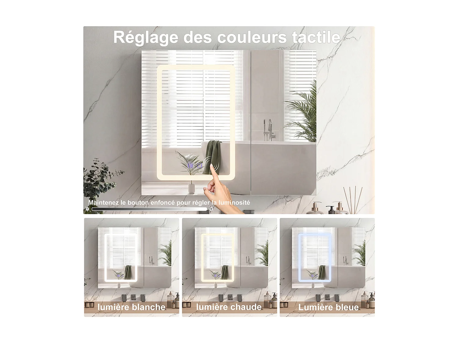 Armoire de Toilette 2 Portes avec Miroir LED Anti-Buée, Meuble Miroir Salle de Bain Mural, Blanc
