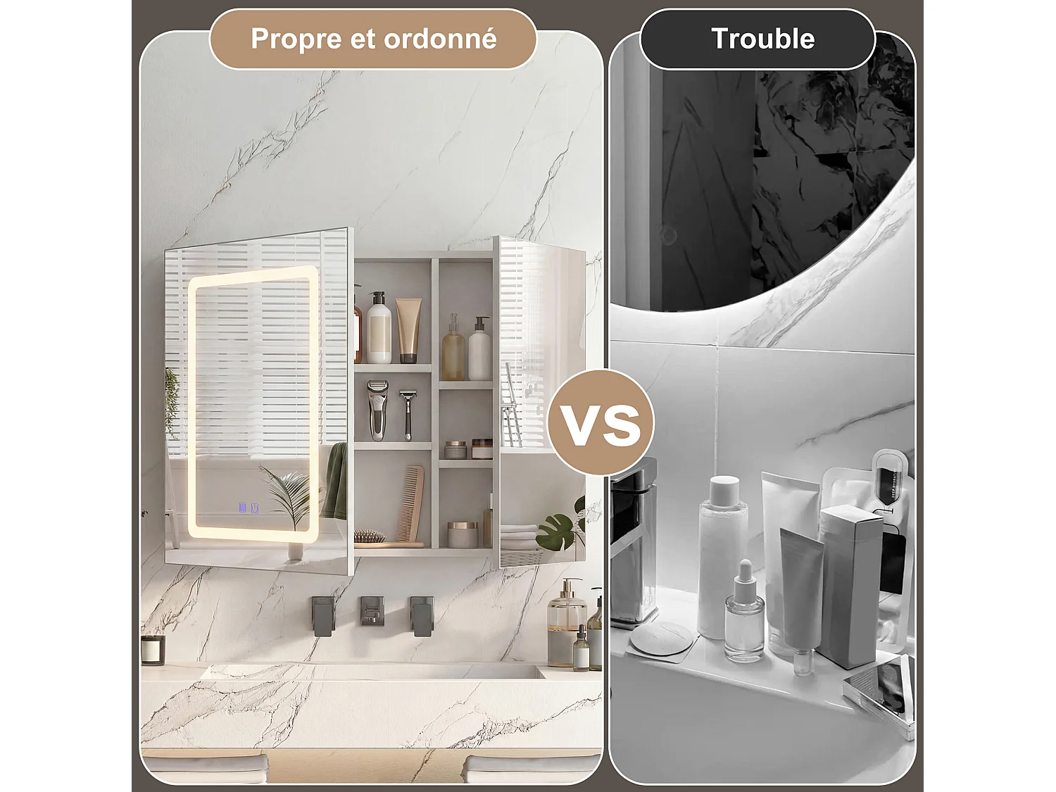 Armoire de Toilette 2 Portes avec Miroir LED Anti-Buée, Meuble Miroir Salle de Bain Mural, Blanc