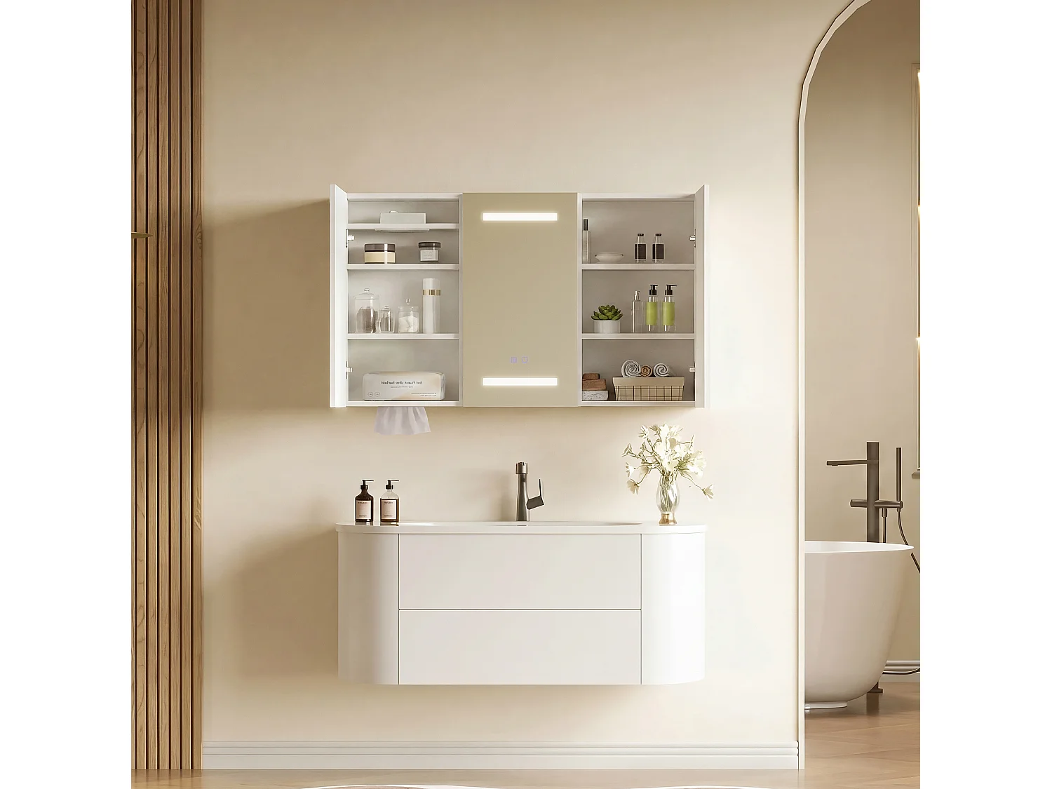 Armoire de salle de bain moderne à miroir, 100 cm, avec éclairage LED, avec capteur tactile, étagères réglables, Blanc