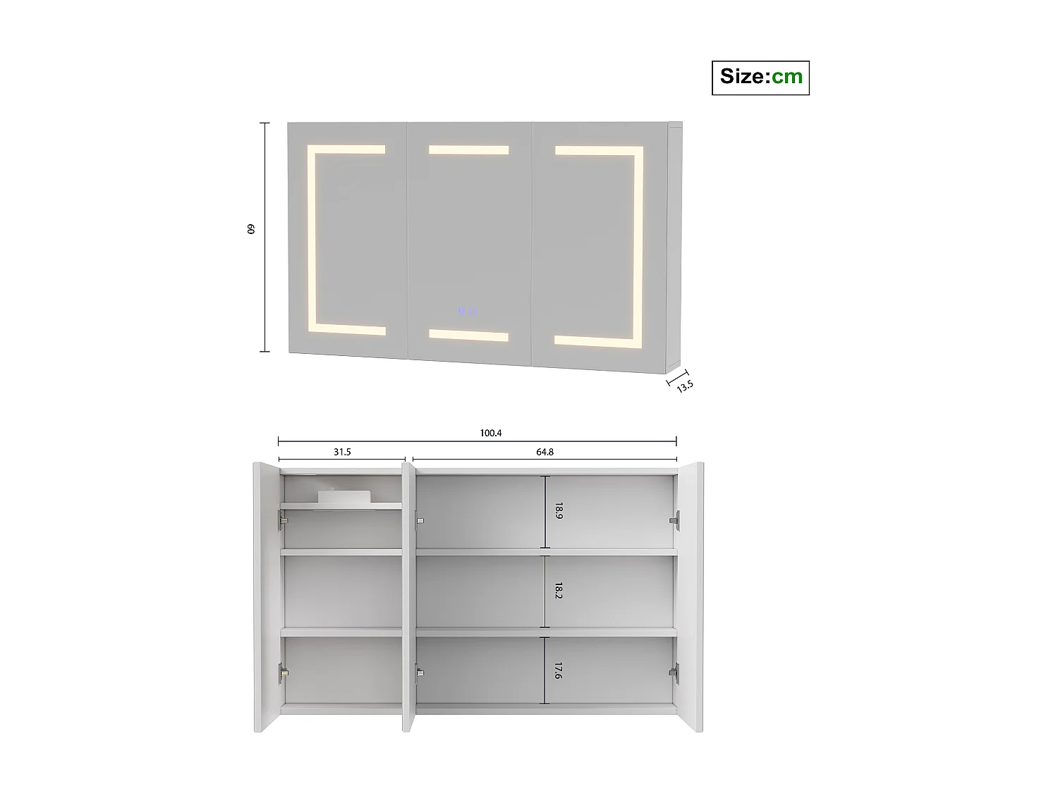 Armoire de salle de bain moderne à miroir, 100 cm, avec éclairage LED, avec capteur tactile, étagères réglables, Blanc