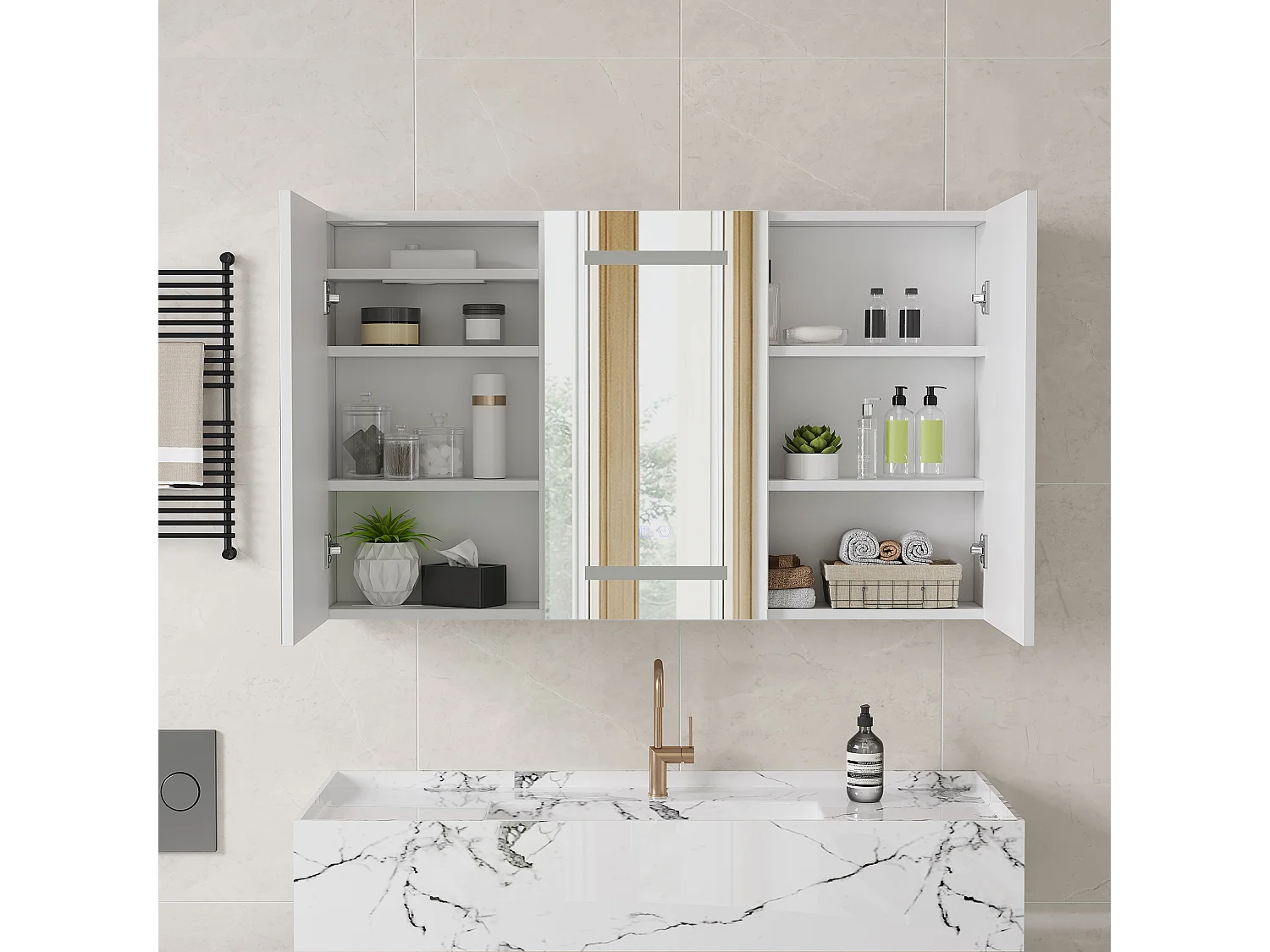 Armoire de salle de bain moderne à miroir, 100 cm, avec éclairage LED, avec capteur tactile, étagères réglables, Blanc