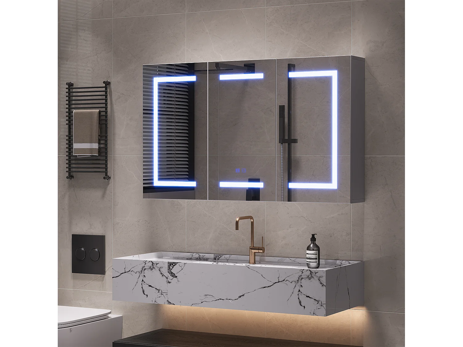 Armoire de salle de bain moderne à miroir, 100 cm, avec éclairage LED, avec capteur tactile, étagères réglables, Blanc