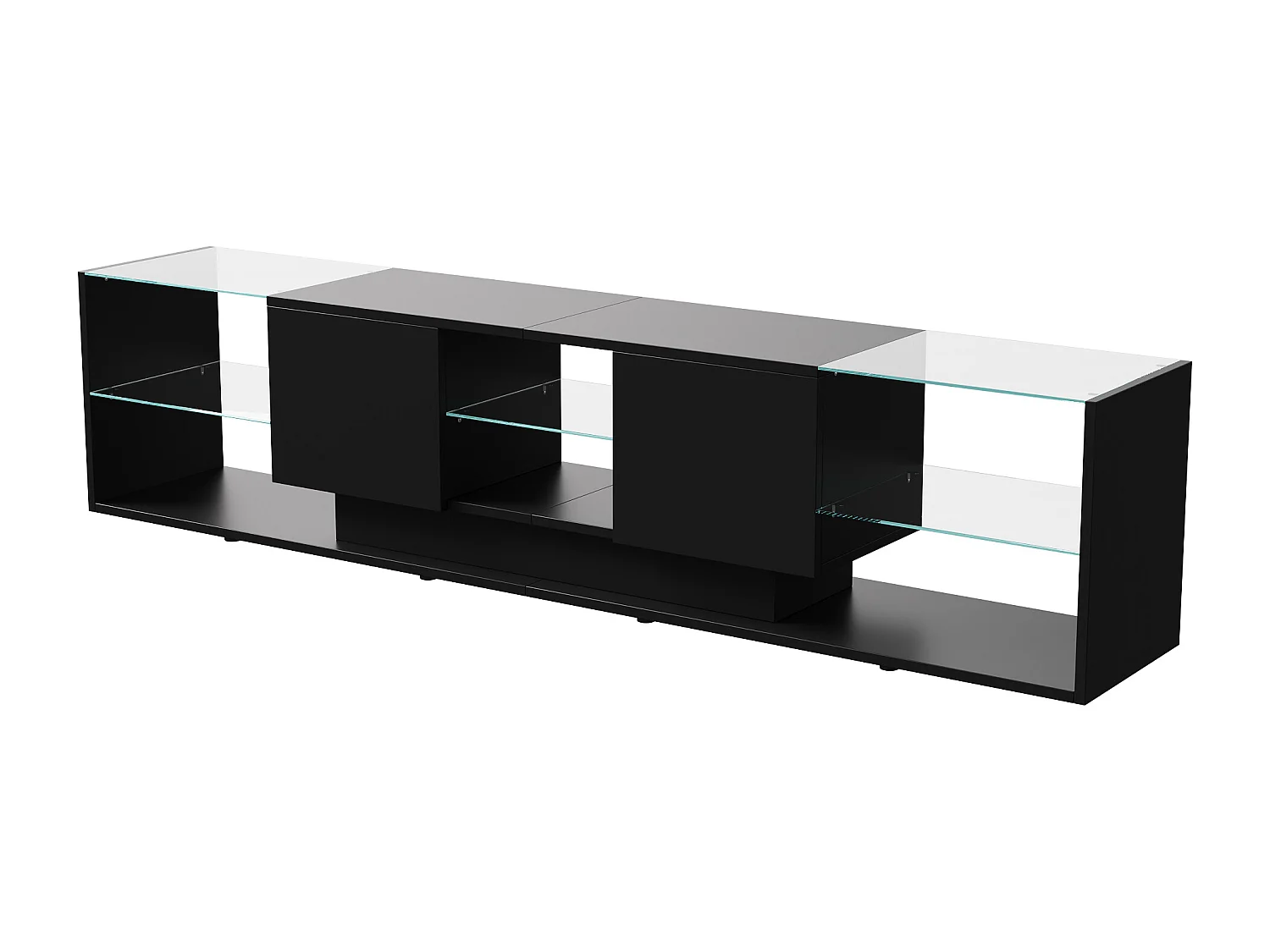 Meuble TV LED Noir, 200 x 35 x 45 cm, avec 3 tablettes en Verre et Structure de Rangement Ouverte