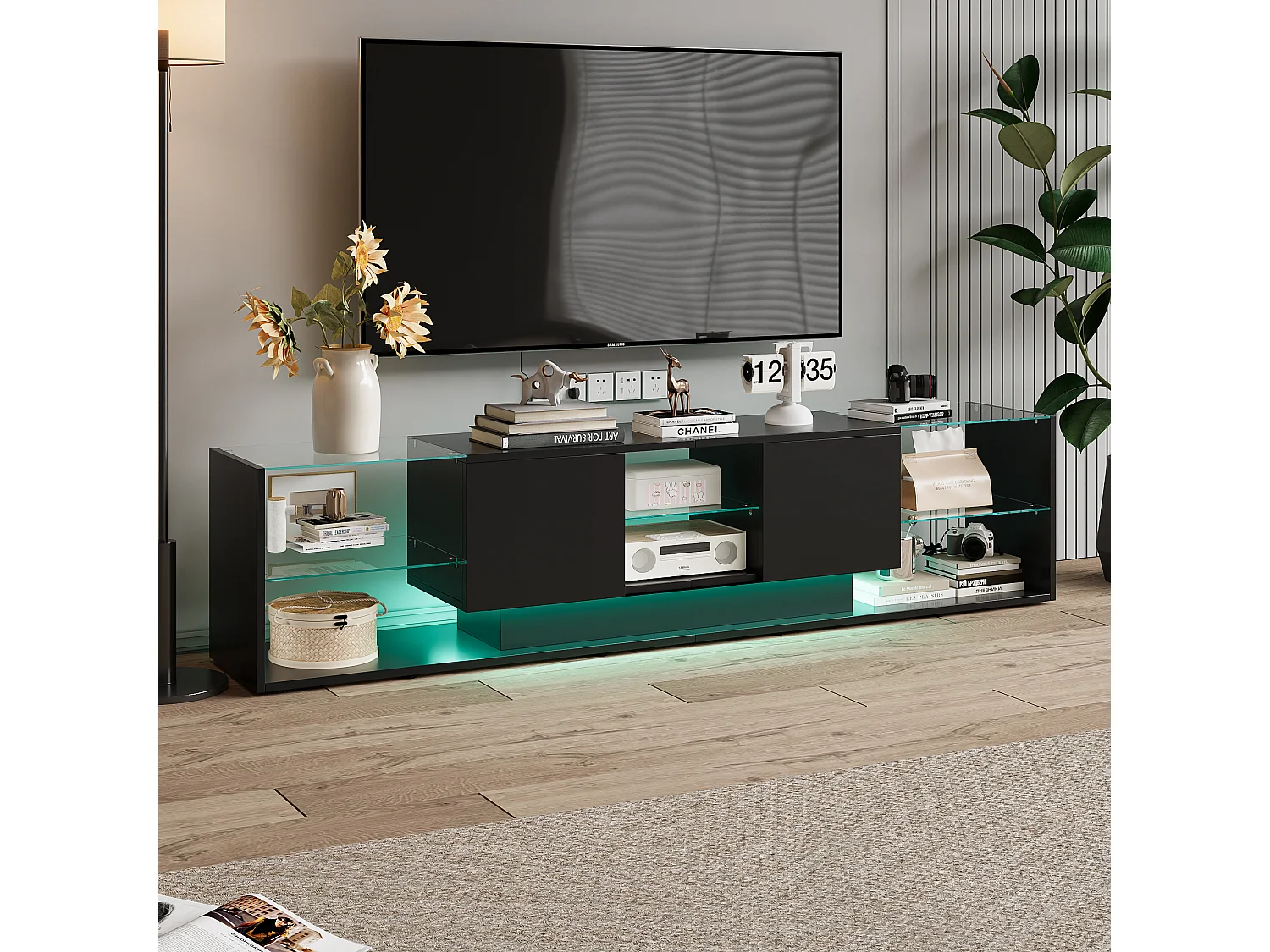Meuble TV LED Noir, 200 x 35 x 45 cm, avec 3 tablettes en Verre et Structure de Rangement Ouverte