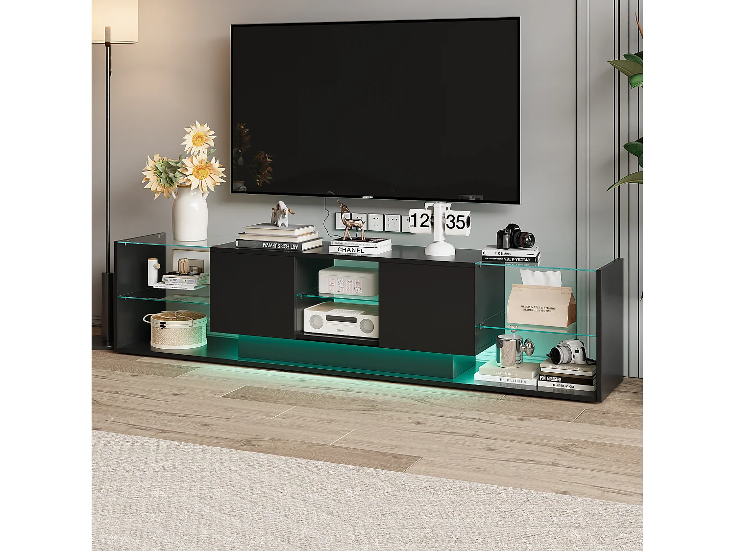 Meuble TV LED Noir, 200 x 35 x 45 cm, avec 3 tablettes en Verre et Structure de Rangement Ouverte