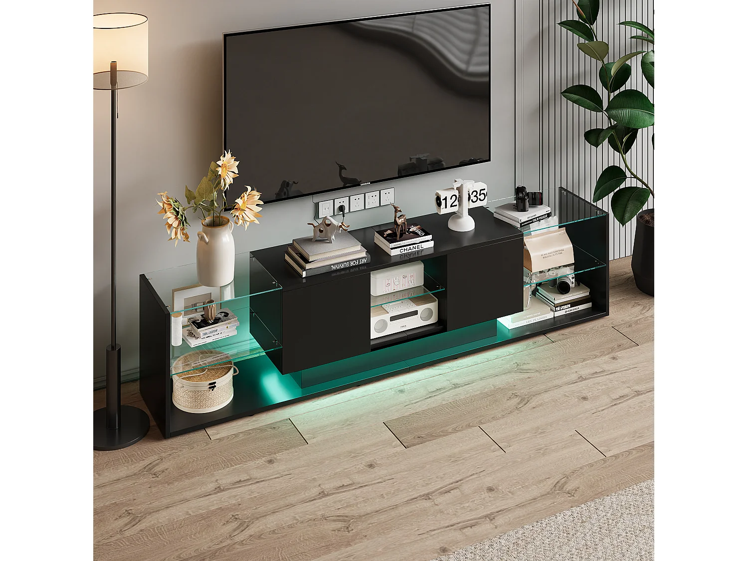 Meuble TV LED Noir, 200 x 35 x 45 cm, avec 3 tablettes en Verre et Structure de Rangement Ouverte