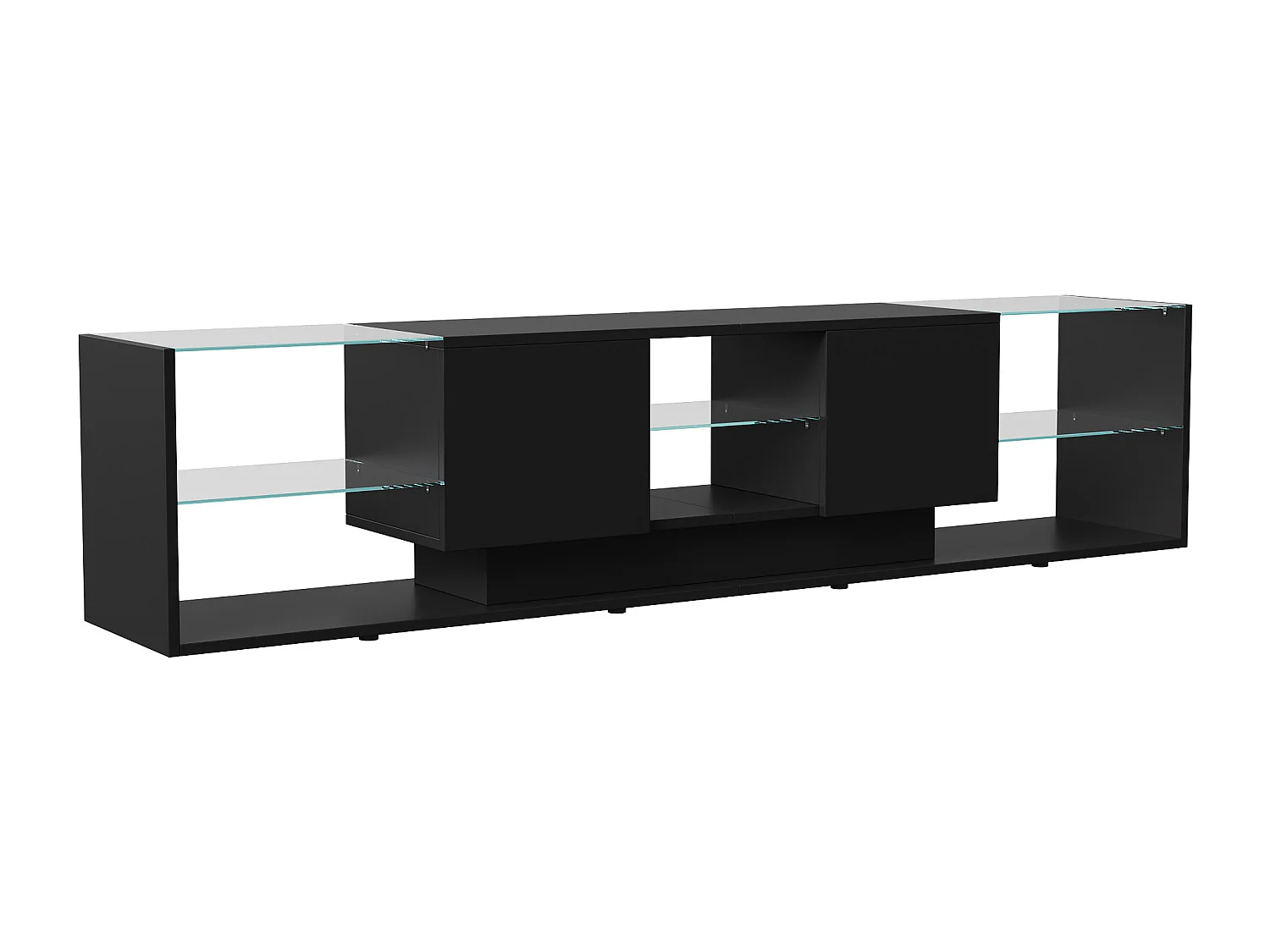 Meuble TV LED Noir, 200 x 35 x 45 cm, avec 3 tablettes en Verre et Structure de Rangement Ouverte