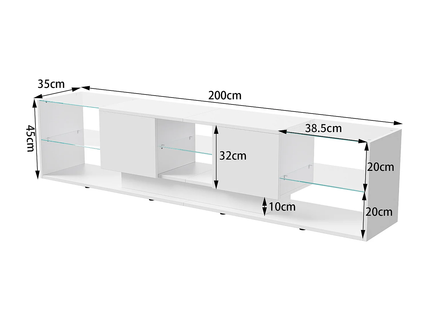Meuble TV LED Blanc, 200 x 35 x 45 cm, avec 3 tablettes en Verre et Structure de Rangement Ouverte