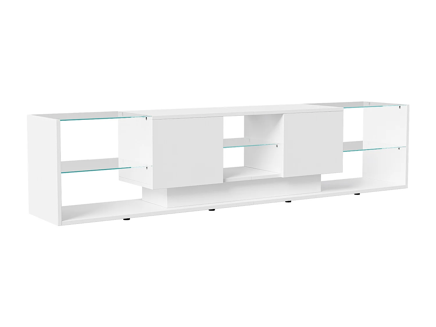Meuble TV LED Blanc, 200 x 35 x 45 cm, avec 3 tablettes en Verre et Structure de Rangement Ouverte
