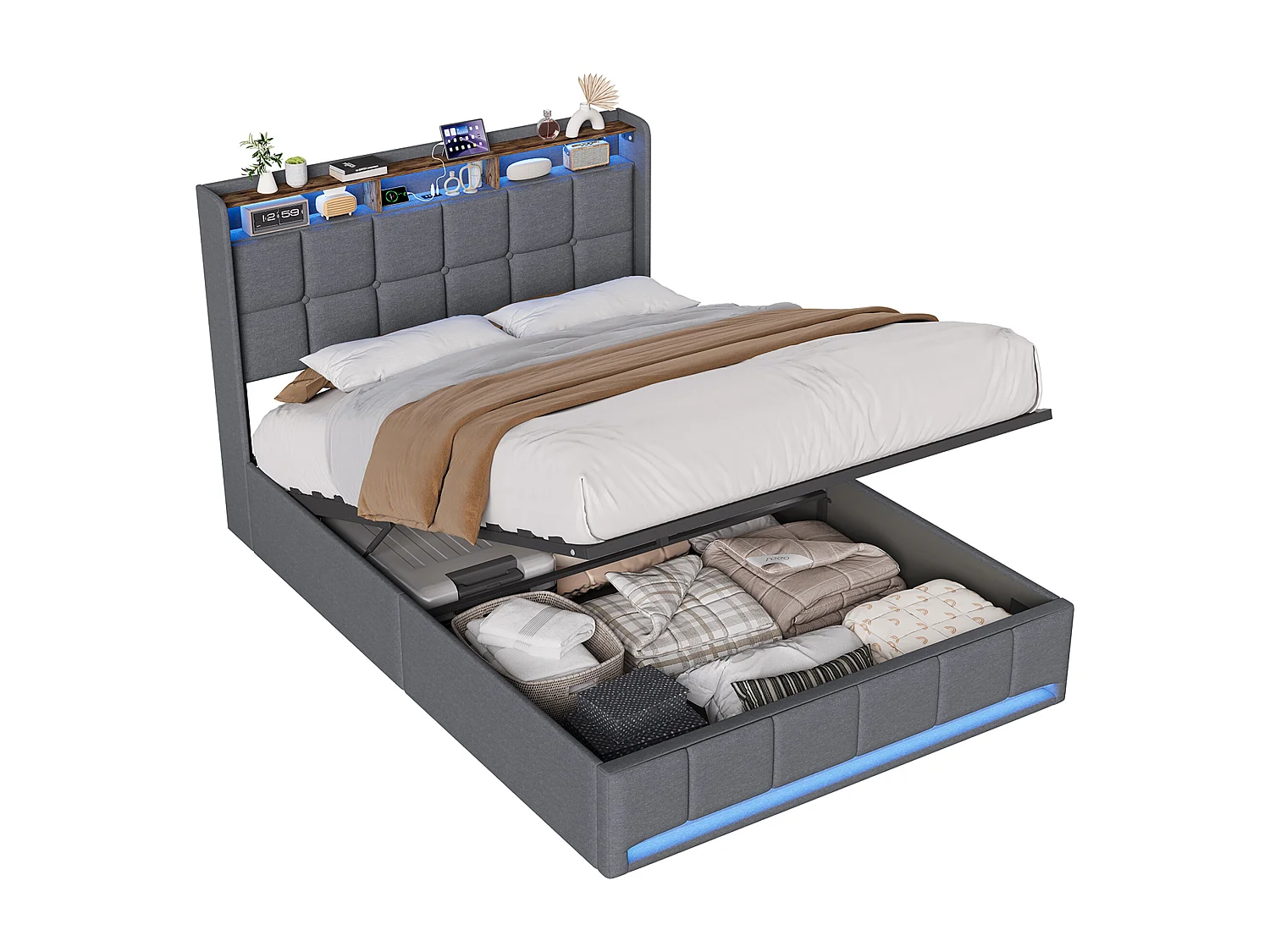 Lit Coffre 140 x 190 cm avec LED et Ports USB, avec Rangement avec sommier à Lattes, Lin, Gris