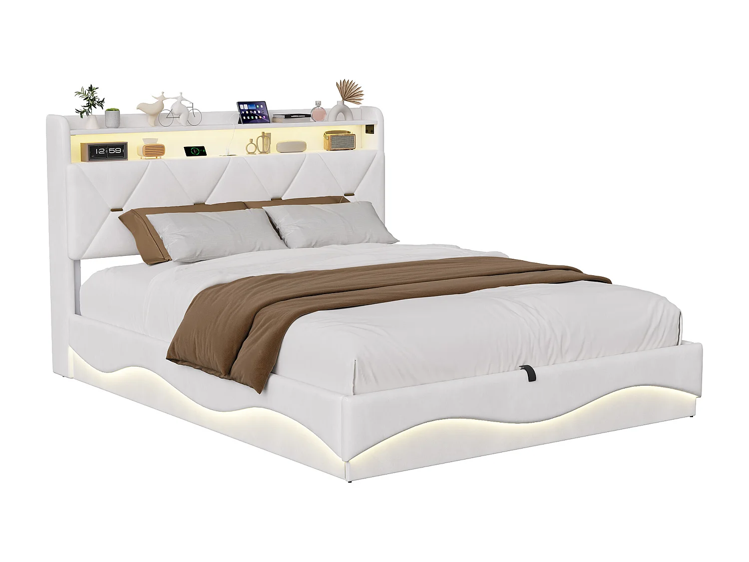 Lit double rembourré, 140 x 200 cm, avec espace de rangement, éclairage LED et USB, velours, Beige