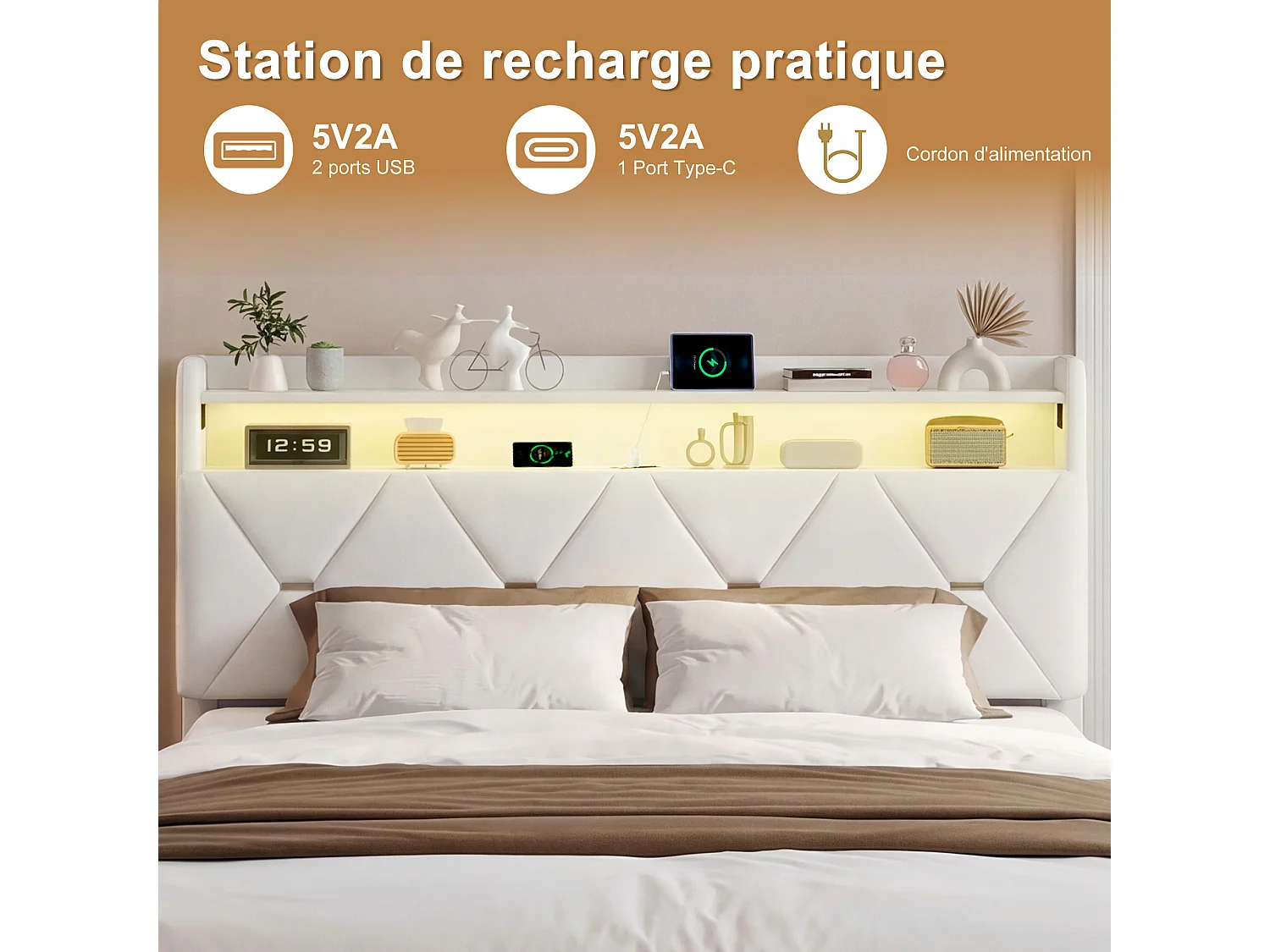 Lit double rembourré, 140 x 200 cm, avec espace de rangement, éclairage LED et USB, velours, Beige