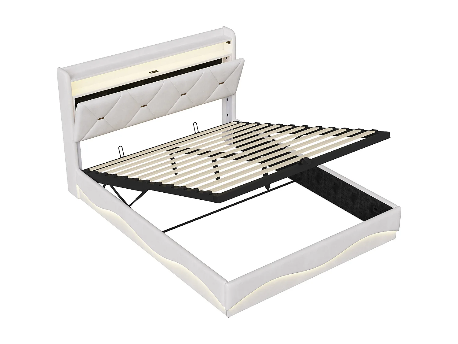 Lit double rembourré, 140 x 200 cm, avec espace de rangement, éclairage LED et USB, velours, Beige