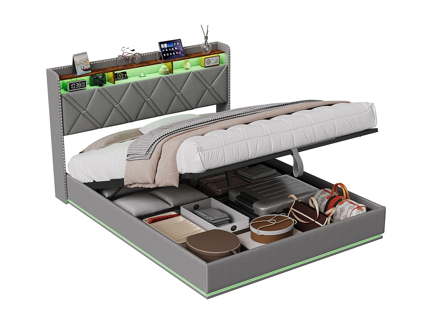Lit coffre 140 x 200 cm LED &USB, cadre rembourré avec rangement hydraulique, tête de lit tiroirs, Lin, Gris