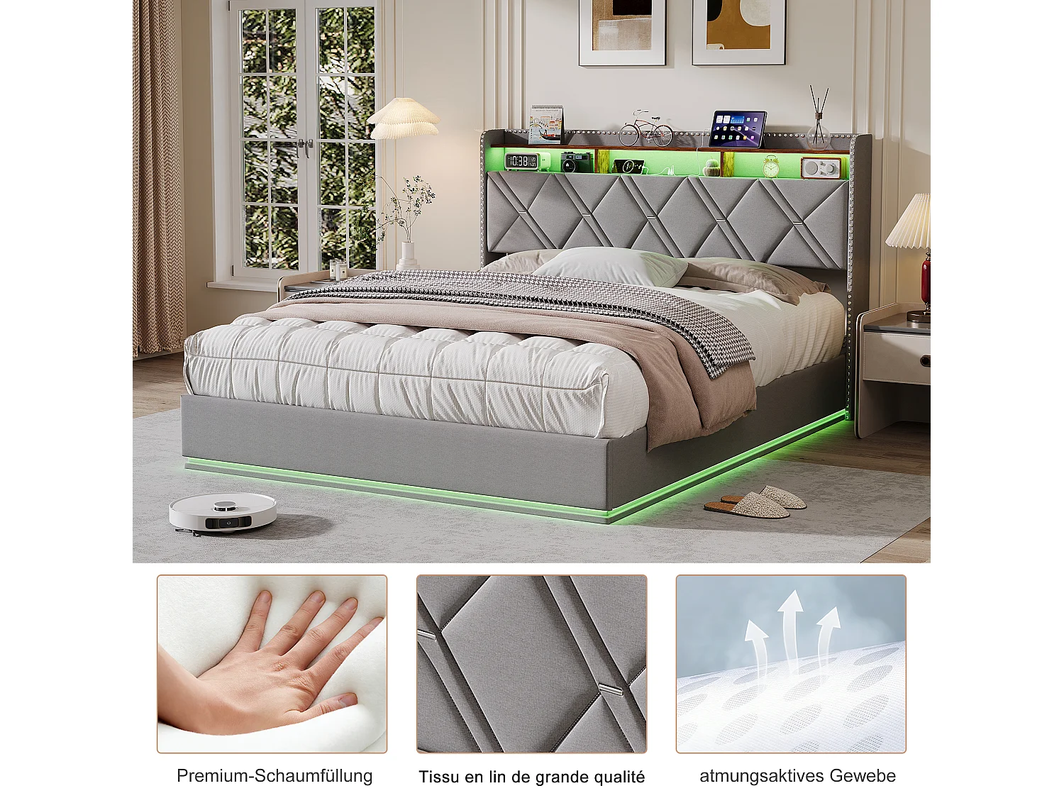 Lit coffre 140 x 200 cm LED &USB, cadre rembourré avec rangement hydraulique, tête de lit tiroirs, Lin, Gris