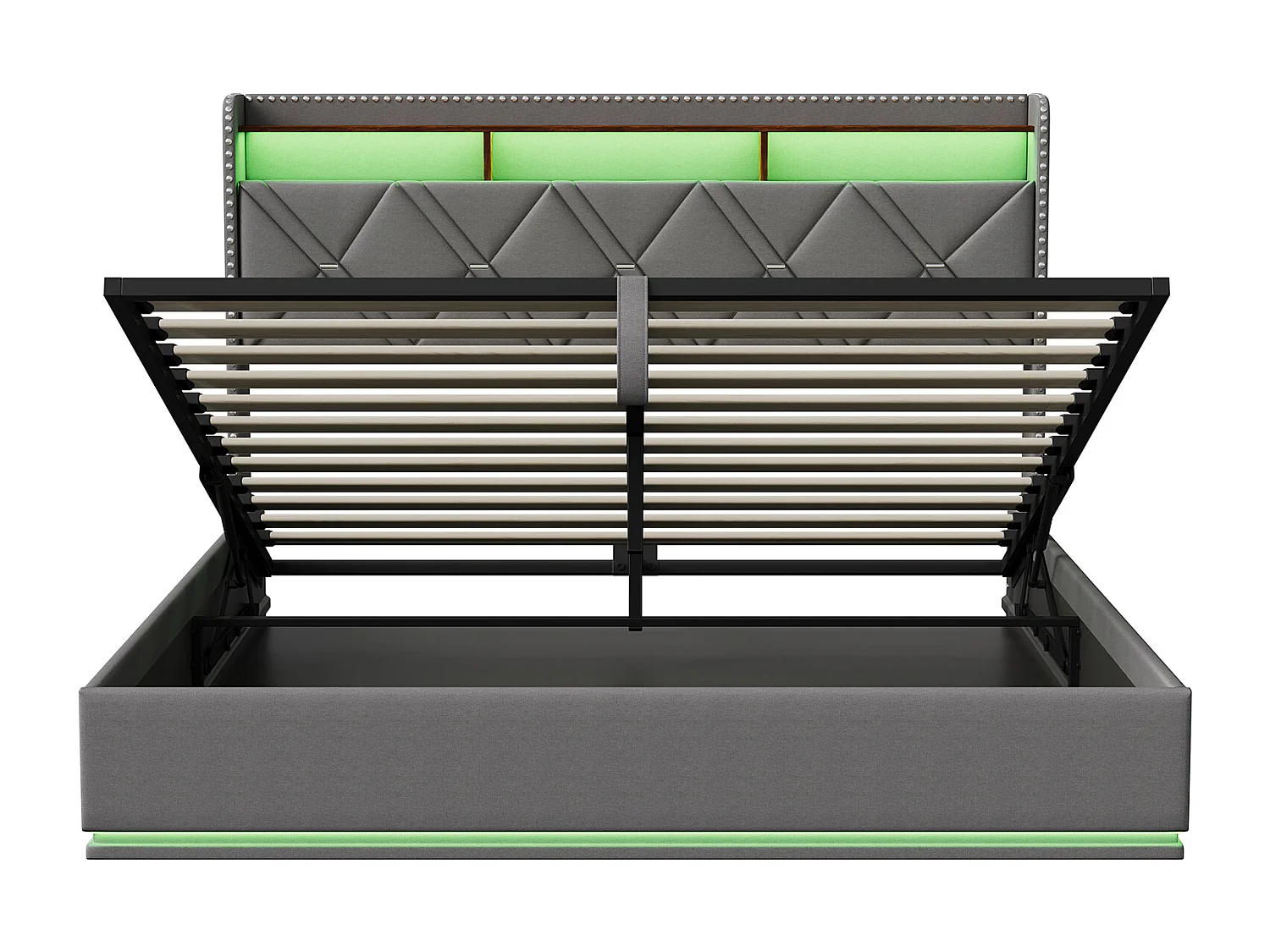 Lit coffre 140 x 200 cm LED &USB, cadre rembourré avec rangement hydraulique, tête de lit tiroirs, Lin, Gris
