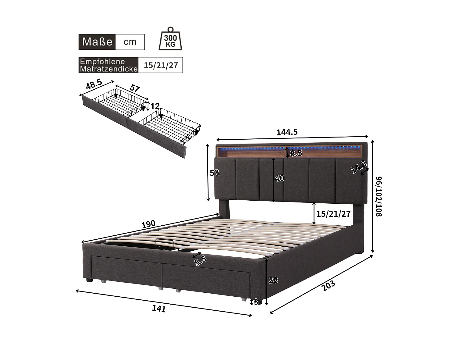 Lit rembourré 140 x 190 cm LED, coffre hydraulique, sommier à lattes, tiroirs, Gris