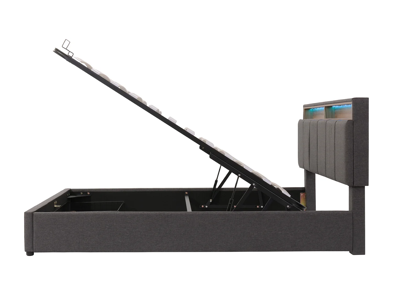 Lit rembourré 140 x 190 cm LED, coffre hydraulique, sommier à lattes, tiroirs, Gris